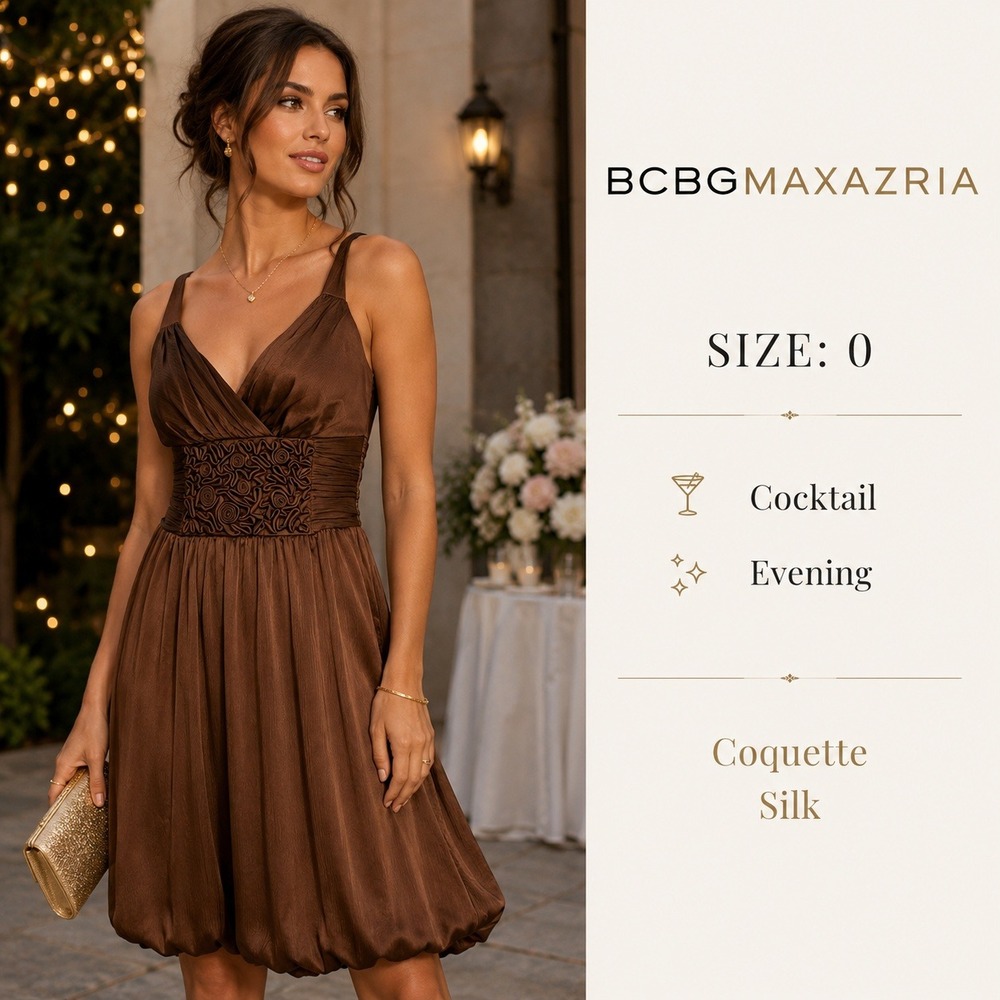BCBGMAXAZRIA Cocktail Dress Womens 0 Brown Silk Y2K Rosette‎ Bubble Hem Coquette